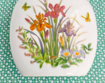 Vintage Srednick Porcelain Vase: Floral Irises, Butterflies, Gold Trim, Japan
