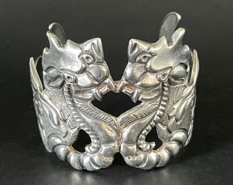 Vintage Mexican Silver Double Dragon Cuff Bracelet, Mythical Statement Bangle