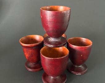 Set of 5 Hand Turned Wooden Egg Cups | Rustic Farmhouse Breakfast Table Decor