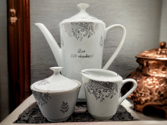Vintage Coffee set, 1930s Plankenhammer Floss Bavaria, Zur Silberhochzeit, Silver Wedding Anniversary