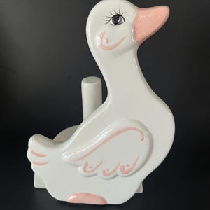 Vintage Ceramic Duck PaperTowel Holder Goose White Pink
