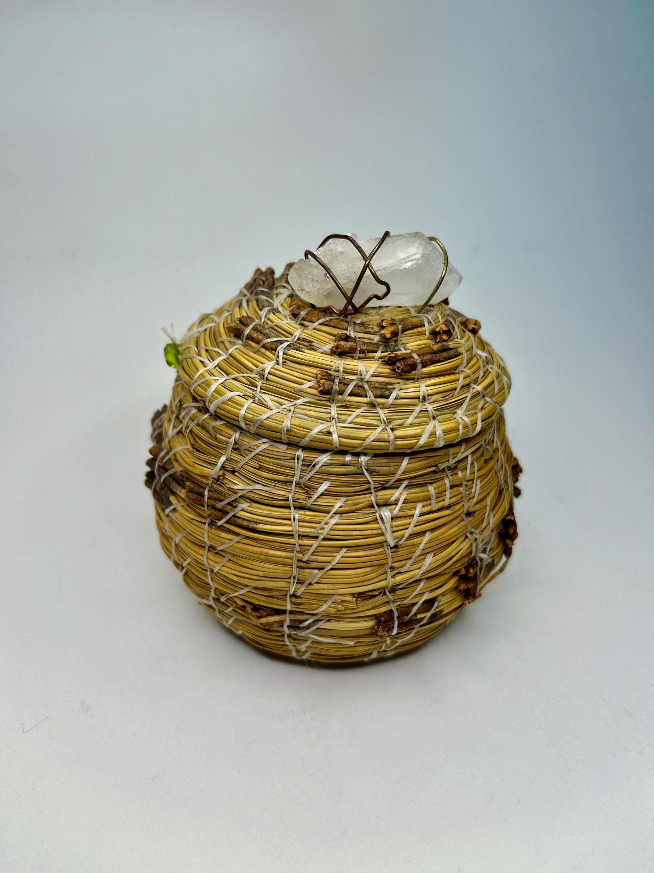 Vintage Torrey Pine Needle Basket Nylon Thread Raw Crystal on Lid