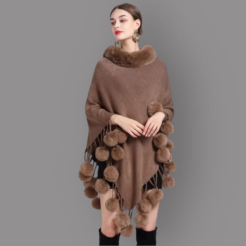 Poncho Scarf Fur Shawl Ball Decoration Faux Fur Shawl Collar Women's ...