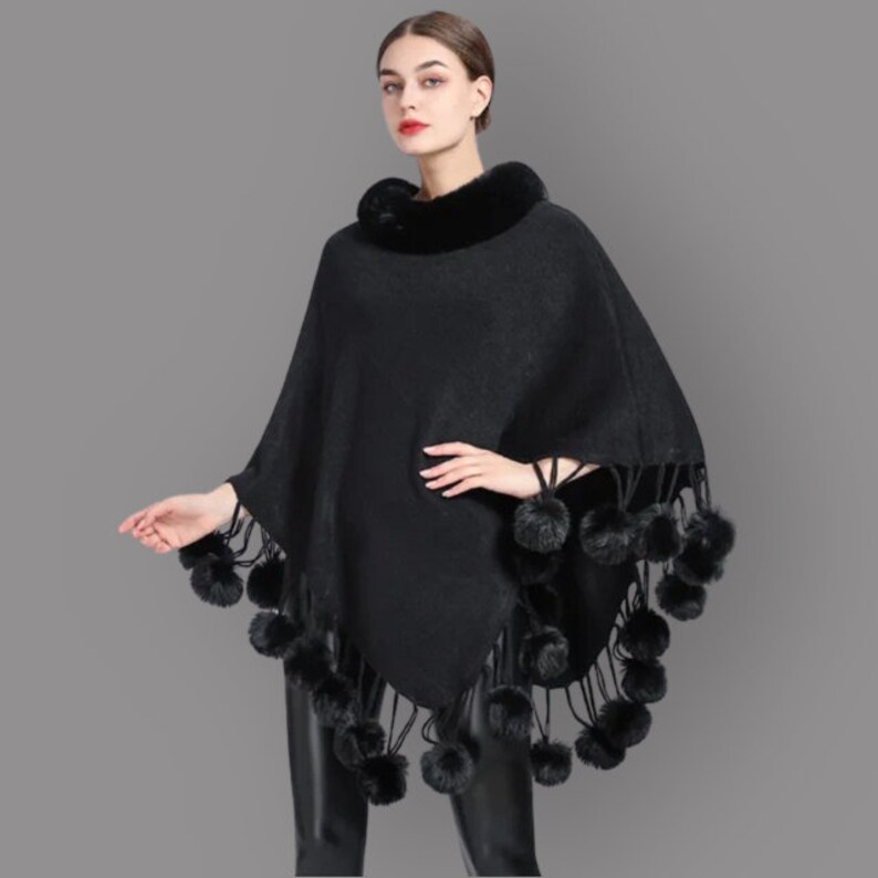 Poncho Scarf Fur Shawl Ball Decoration Faux Fur Shawl Collar Women's ...