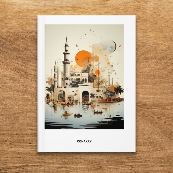Conakry Guinea Skyline Hardcover Journal, Vintage Cityscape with Sunset and Boats Design, Unique Gift Idea
