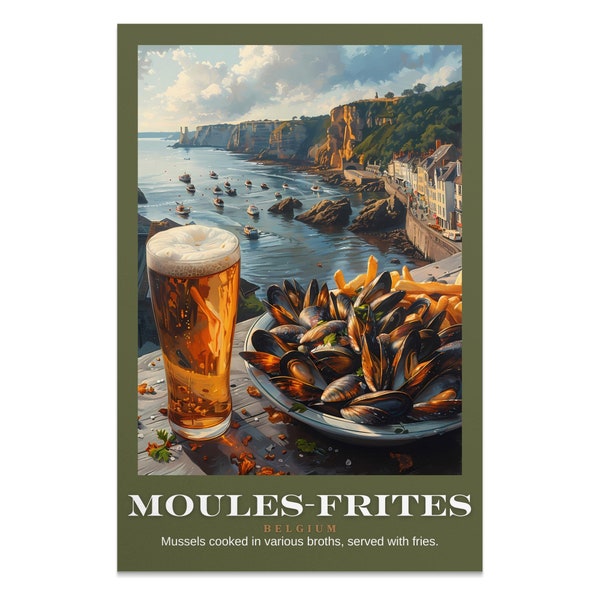 Belgian Moules-Frites Wall Art, Coastal Belgium Scene with Mussels and Beer, Vibrant Kitchen Decor, Dining Room Artwork