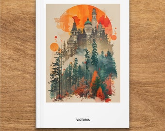 Victoria Cityscape Art Hardcover Journal, Autumn Forest and Cathedral Design, Unique Victoria, Canada Notebook