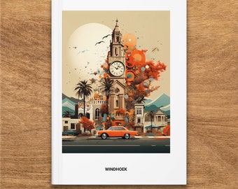 Windhoek Namibia Vintage Car and Clock Tower Hardcover Journal, Graphic Matte Finish, Travel Inspired Notebook
