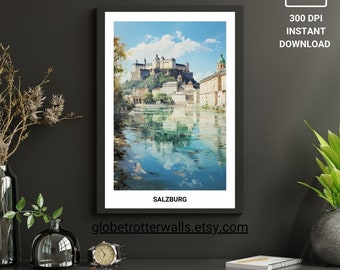 Salzburg Castle Print, Austria Wall Art, European Cityscape, Downloadable Poster, Home Decor, 300 DPI High Resolution, Digital Art