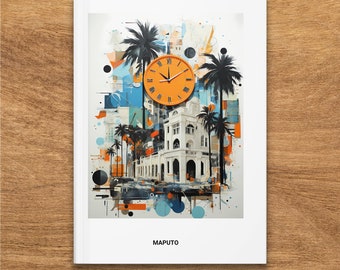 Maputo Mozambique Cityscape Art Hardcover Journal, Orange Clock and Palms Design, Unique Travel Notebook