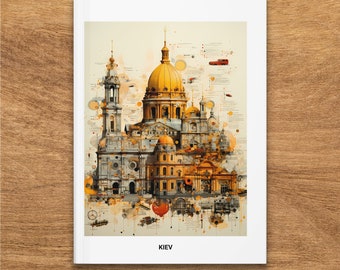 Vibrant Kiev Cityscape Hardcover Journal, Ukraine Capital Artistic Illustration, Gold Dome Architecture Notebook Gift