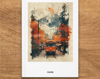 Pucón, Chile Vintage Tram and Volcano Hardcover Journal, Travel Inspired Notebook, Matte Finish, Unique Stationery Gift, Artistic Diary