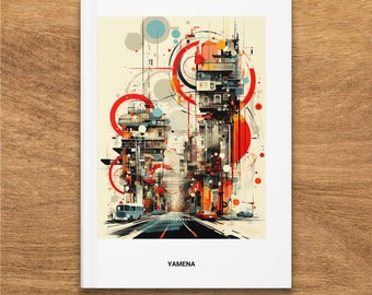 Urban Abstract Art Hardcover Journal, Retro Futuristic Cityscape, Yamena - Unique Matte Finish Notebook for Writing and Sketching