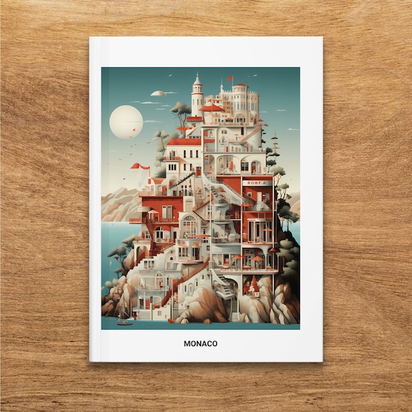 Monaco Illustration, Vintage Style Hardcover Journal, Retro Cityscape Notebook, Ideal for Writers and Travelers