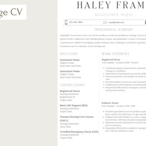 K&ouml;nnte beinhalten: Eine professionelle Lebenslaufvorlage mit dem Text "1 Page CV" in der oberen linken Ecke. Der Lebenslauf ist f&uuml;r Haley Frame, eine examinierte Krankenschwester, und enth&auml;lt Abschnitte f&uuml;r berufliche Zusammenfassung, Ausbildung, Berufserfahrung und Zertifizierungen. Der Lebenslauf ist in einem &uuml;bersichtlichen, gut lesbaren Format.