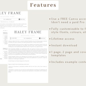 K&ouml;nnte beinhalten: Ein Lebenslauf-Template mit dem Namen "Haley Frame, Registered Nurse" wird gezeigt. Das Template enth&auml;lt Abschnitte f&uuml;r berufliche Zusammenfassung, Ausbildung, Berufserfahrung und Zertifizierungen. Funktionen umfassen kostenlose Canva-Kontonutzung, Anpassung, lebenslangen Zugriff und sofortigen Download.