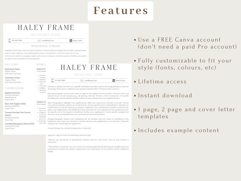 K&ouml;nnte beinhalten: Ein Lebenslauf-Template mit dem Namen "Haley Frame, Registered Nurse" wird gezeigt. Das Template enth&auml;lt Abschnitte f&uuml;r berufliche Zusammenfassung, Ausbildung, Berufserfahrung und Zertifizierungen. Funktionen umfassen kostenlose Canva-Kontonutzung, Anpassung, lebenslangen Zugriff und sofortigen Download.