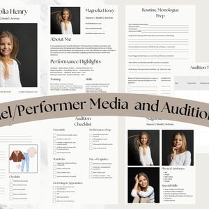 May include: A Model/Performer Media and Audition Kit with a light beige banner. The kit includes a resume, audition checklist, and prep sheets. The resume features a headshot of a young girl with long blonde hair. The kit is designed for dancers, models, and actresses.