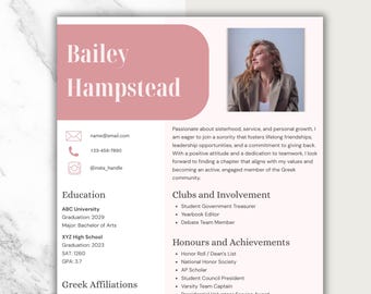 Editable Sorority Rush Resume Template: Canva Cover Letter (Digital Download)