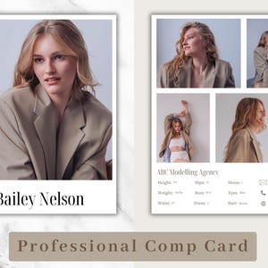 May include: A professional comp card for a model named Bailey Nelson. The card features a headshot of the model and several other photos of her in different poses. The card also includes contact information for the model's agency, ABC Modelling Agency.