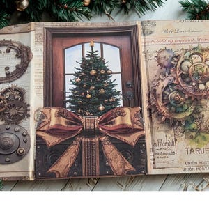 May include: A Christmas-themed greeting card with a steampunk design. The card features a detailed illustration of a Christmas tree seen through a door, a large bow, and gears. The card is decorated with festive greenery.