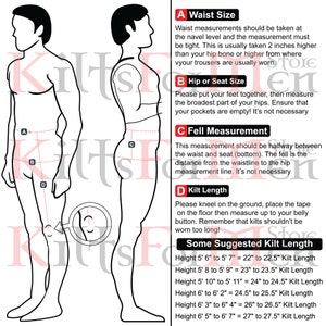 Op de afbeelding: Diagram dat laat zien hoe je voor een kilt moet meten. Het diagram toont een man die staat met markeringen voor taille, heup, val en kiltlengte. Het diagram bevat ook een tabel met voorgestelde kiltlengtes op basis van de lengte.