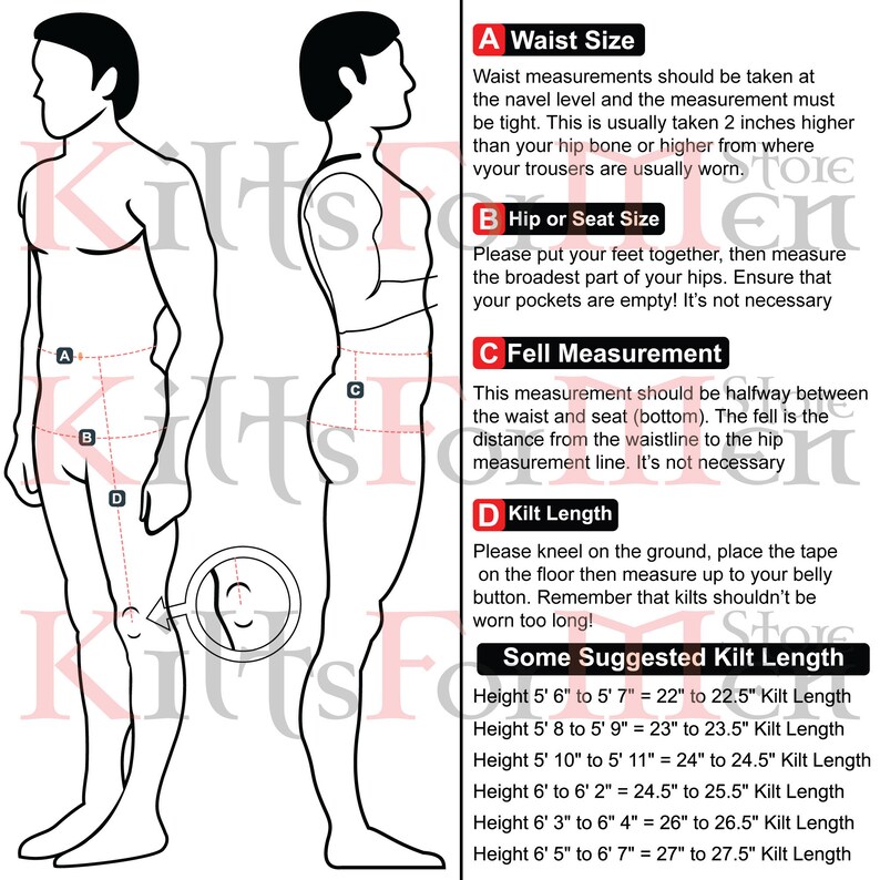Op de afbeelding: Diagram dat laat zien hoe je voor een kilt moet meten. Het diagram toont een man die staat met markeringen voor taille, heup, val en kiltlengte. Het diagram bevat ook een tabel met voorgestelde kiltlengtes op basis van de lengte.