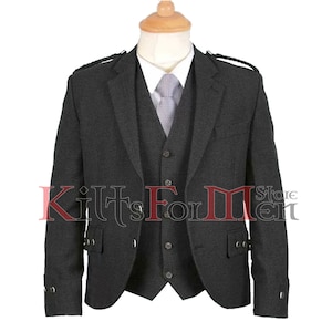 Veste kilt écossaise gris anthracite avec gilet 5 boutons pour homme | Veste kilt à losanges faite main pour homme | Disponible dans la poitrine 34&quot;-60&quot;