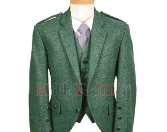 May include: A green tweed suit jacket with a matching vest. The jacket has a single-breasted closure, flap pockets, and buttoned cuffs. The vest has a five-button closure and a pocket on the left side. The suit is a traditional style and is perfect for formal occasions.