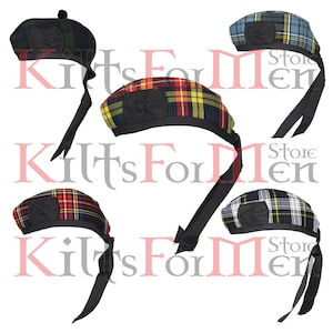May include: Five tartan beret hats in different colours, including green, blue, red, and yellow. Each hat has a black bow and a long black ribbon. The hats are shown against a white background with the text "Kilts For Men Store".