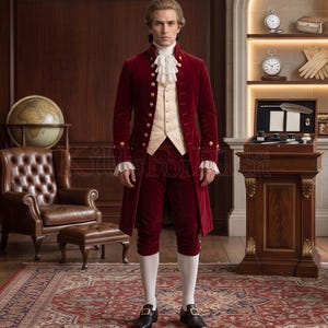 Full-length front view of a man in a burgundy velvet 18th century frock coat, cream waistcoat, matching velvet breeches, white stockings, and buckled shoes, wearing a powdered Georgian-style wig. Standing in an opulent study with a globe and leather armchair, this colonial gentleman's suit highlights authentic Regency-era tailoring for reenactment, theater, and historical costume events.