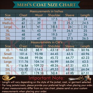 May include: A coat size chart with two tables displaying measurements in inches and centimetres for sizes ranging from XS to 3XL. The chart includes columns for chest, waist, shoulder, sleeve, and length. Text at the bottom provides ordering instructions.