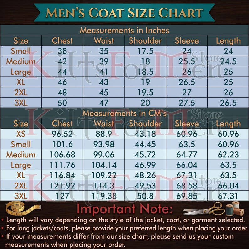 May include: A coat size chart with two tables displaying measurements in inches and centimetres for sizes ranging from XS to 3XL. The chart includes columns for chest, waist, shoulder, sleeve, and length. Text at the bottom provides ordering instructions.