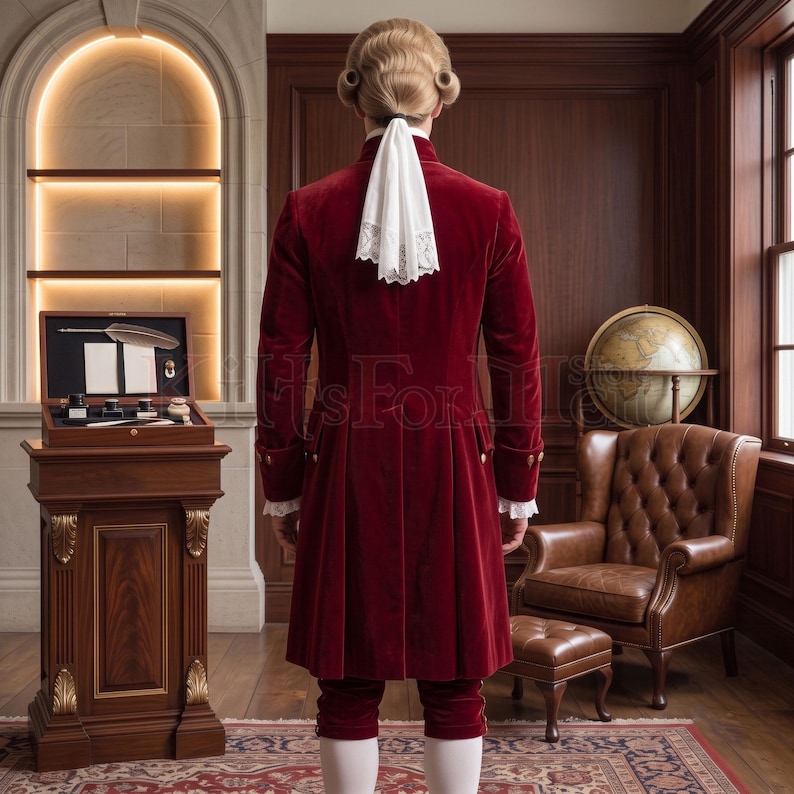 Rear view of a men's burgundy velvet 18th century coat highlighting the fitted tailored back, flared coat skirts, and a flowing white lace-trimmed cravat tie against a powdered wig. Standing near a globe and writing desk in a Georgian-style study, this handmade colonial gentleman's coat is perfect for reenactment, theatrical costume, and historical fashion collectors alike.