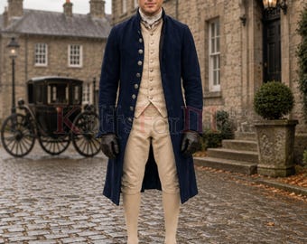May include: A navy blue long coat worn over a beige waistcoat and matching knee-length breeches. The ensemble includes a white cravat, black leather gloves, and black buckled shoes. The coat features a row of silver buttons down the front.