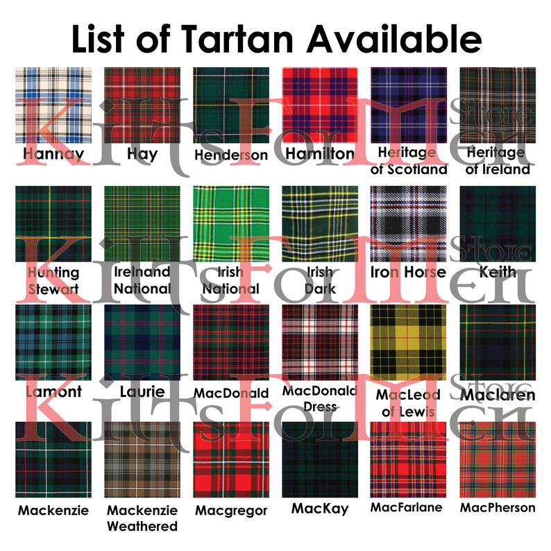 Op de afbeelding: Een tabel met verschillende tartanpatronen, waarbij de naam van elk tartan onder het bijbehorende patroon staat. De tartans zijn gerangschikt in een raster van zes kolommen en vier rijen.