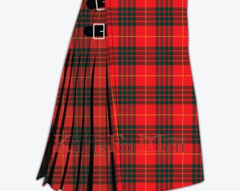 May include: A red, green, and yellow tartan kilt with black buckles. The kilt is pleated and has a traditional design.