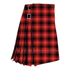 May include: A red, black and yellow tartan kilt with a black leather strap and silver buckles. The kilt is pleated and has a traditional design.