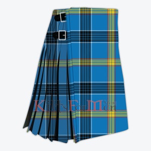 May include: A blue and black tartan kilt with a pleated front and a buckle closure. The kilt is made of a woven fabric and has a traditional Scottish design.