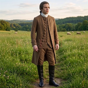 May include: A brown long-sleeved coat, matching vest, and trousers ensemble featuring a row of round buttons on the coat and vest. The outfit includes a white high-neck collar and black knee-high boots. The person wears a dark brown wig.