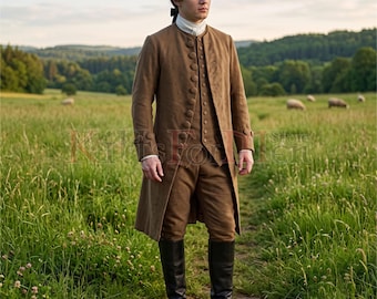 May include: A brown long-sleeved coat, matching waistcoat, and trousers ensemble featuring a row of round buttons on the coat and waistcoat. The outfit includes a white high-neck collar and black knee-high boots. The person wears a dark brown wig.