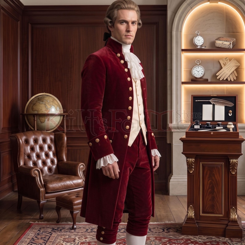 Side-angle view of a burgundy velvet Georgian coat with a structured standing collar, gold button detailing, and white lace jabot, paired with a cream waistcoat and matching breeches. Photographed in a wood-paneled study with antique curios, this handmade colonial-style coat suits historical reenactors, Bridgerton fans, and 18th century costume collectors.