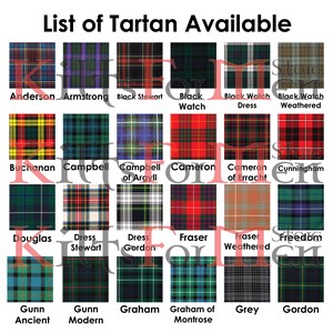 Op de afbeelding: Een tabel met een lijst van tartan-namen en hun bijbehorende patronen. De tabel is verdeeld in 12 rijen en 6 kolommen. Elke rij toont een ander tartan-patroon, met de naam van de tartan onder het patroon gedrukt. De tabel bevat tartans zoals Anderson, Armstrong, Black Stewart, Black Watch, Buchanan, Campbell of Argyll, Cameron, Douglas, Dress Stewart, Dress Gordon, Fraser, Gunn Ancient, Gunn Modern, Graham, Graham of Montrose, Grey en Gordon.