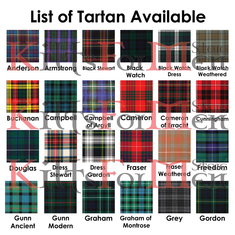 Op de afbeelding: Een tabel met een lijst van tartan-namen en hun bijbehorende patronen. De tabel is verdeeld in 12 rijen en 6 kolommen. Elke rij toont een ander tartan-patroon, met de naam van de tartan onder het patroon gedrukt. De tabel bevat tartans zoals Anderson, Armstrong, Black Stewart, Black Watch, Buchanan, Campbell of Argyll, Cameron, Douglas, Dress Stewart, Dress Gordon, Fraser, Gunn Ancient, Gunn Modern, Graham, Graham of Montrose, Grey en Gordon.