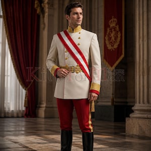May include: A cream-colored military-style tunic with a high collar, gold buttons, and gold cuffs, worn with a red and white sash, a gold belt with a buckle, and red trousers with gold side stripes, paired with black knee-high boots.