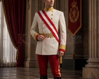 May include: A cream-coloured military-style tunic with a high collar, gold buttons, and gold cuffs, worn with a red and white sash, a gold belt with a buckle, and red trousers with gold side stripes, paired with black knee-high boots.
