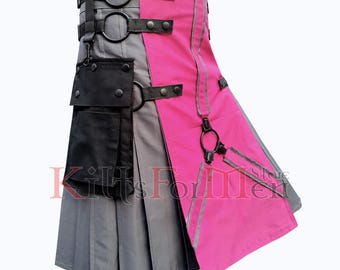 Handgemaakte grijze en roze hybride utility-kilt voor heren | Moderne kilt - modieuze kilt - op bestelling gemaakt
