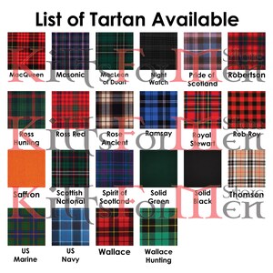Op de afbeelding: Een tabel met verschillende tartanpatronen, met de naam van elk patroon eronder vermeld. De patronen omvatten MacQueen, Masonic, MacLean of Duart, Night Watch, Pride of Scotland, Robertson, Ross Hunting, Ross Red, Rose Ancient, Ramsay, Royal Stewart, Rob Roy, Saffron, Scottish National, Spirit of Scotland, Solid Green, Solid Black, US Marine, US Navy, Wallace en Wallace Hunting.