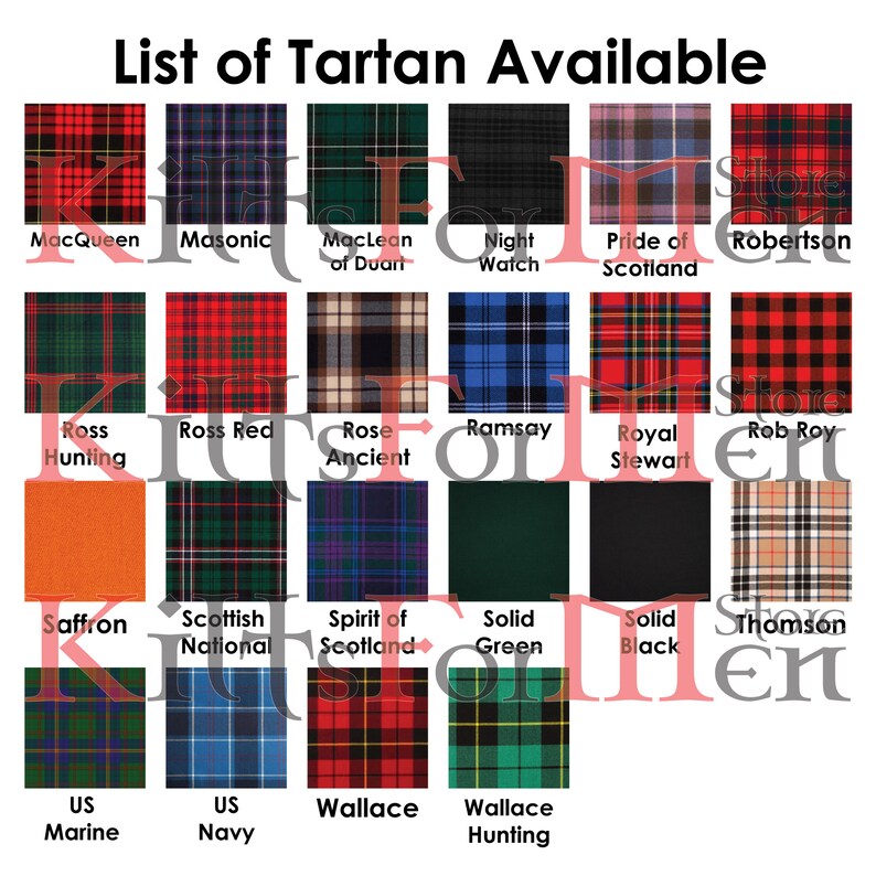 Op de afbeelding: Een tabel met verschillende tartanpatronen, met de naam van elk patroon eronder vermeld. De patronen omvatten MacQueen, Masonic, MacLean of Duart, Night Watch, Pride of Scotland, Robertson, Ross Hunting, Ross Red, Rose Ancient, Ramsay, Royal Stewart, Rob Roy, Saffron, Scottish National, Spirit of Scotland, Solid Green, Solid Black, US Marine, US Navy, Wallace en Wallace Hunting.