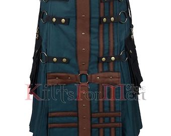 Handgemaakte jagersgroen met bruine middeleeuwse hybride utility-kilt voor heren | Moderne kilt: op bestelling gemaakt
